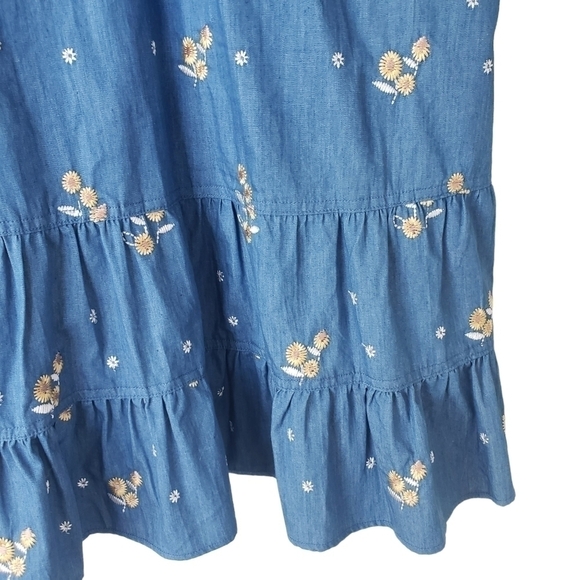 Cece Chambray Denim Sunflower Embroidery Spaghetti Straps Dress - Picture 8 of 9
